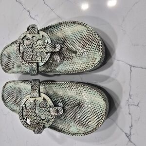 Tory Burch Black and Cream Reptile Textured Sandals